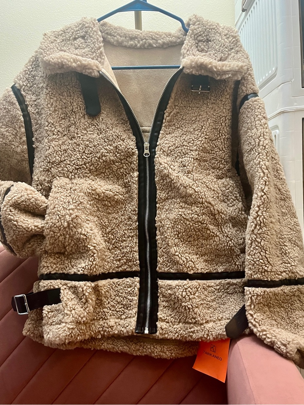 TANKANEO Faux Shearling Moto Jacket with contrast patchwork leather details